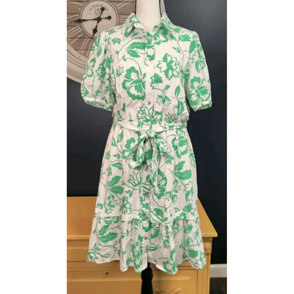 Draper James RSVP Linen Rayon Dress Midi Size M Green White Tiered Short Sleeve